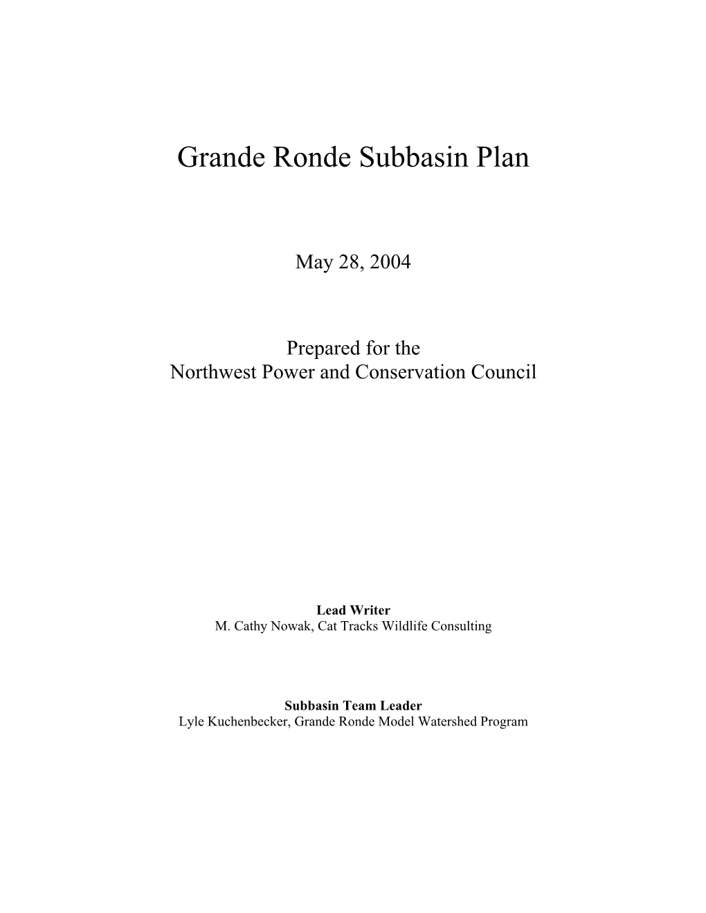 Grande Ronde Subbasin Plan