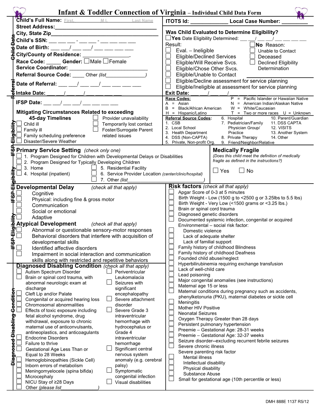 Infant & Toddler Connection of Virginia Individual Child Data Form Part C 01-02