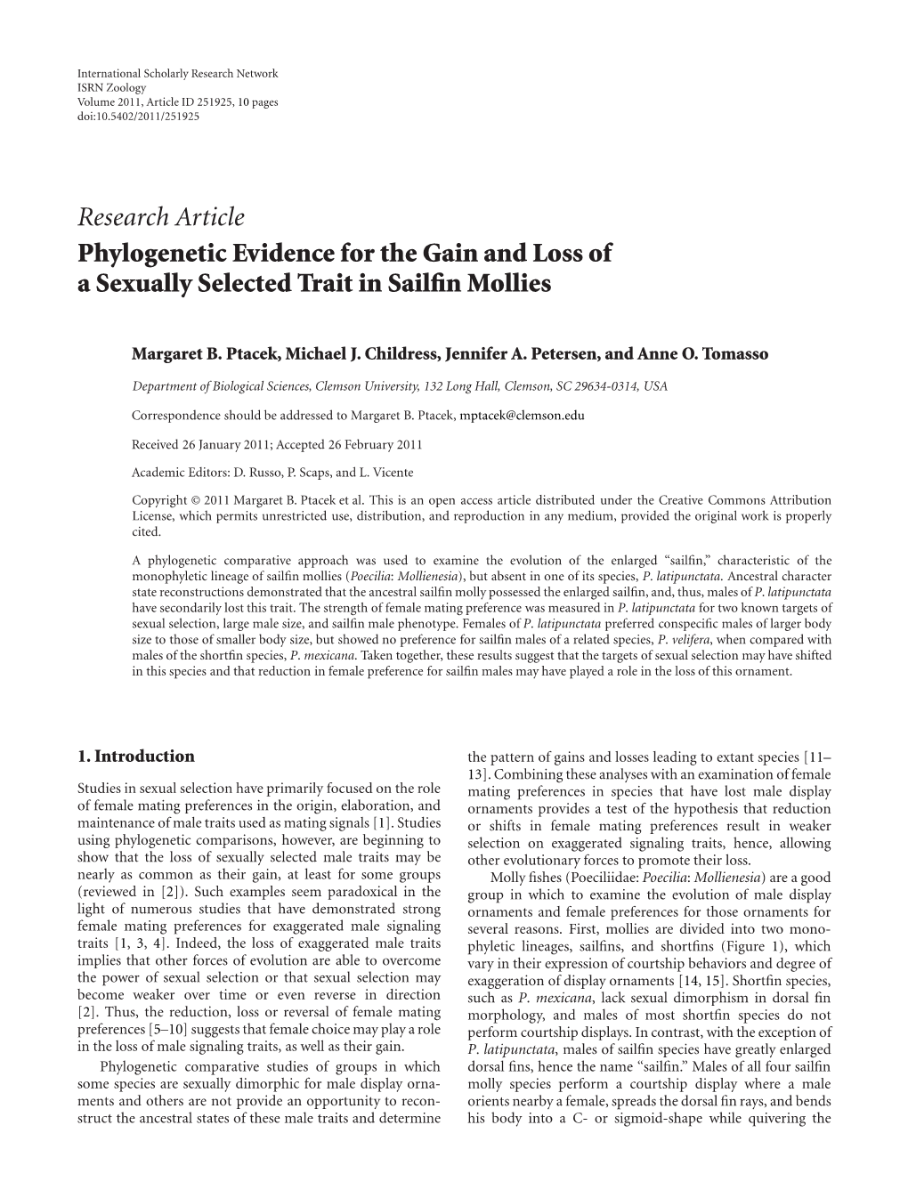 Phylogenetic Evidence for the Gain and Loss of a Sexually Selected Trait in Sailfin Mollies