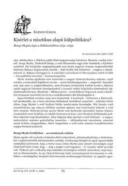 Kísérlet a Misztikus Alapú Külpolitikára? Bengt Skytte Útja a Rákócziakhoz 1651-1652