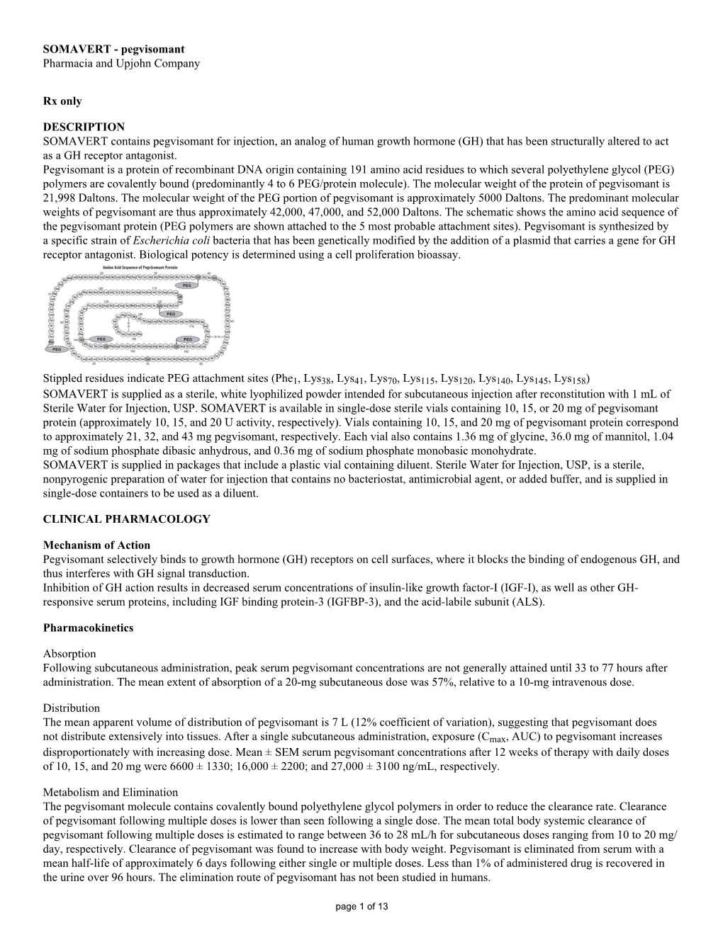 SOMAVERT - Pegvisomant Pharmacia and Upjohn Company