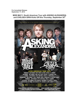 South American Tour with ASKING ALEXANDRIA and CHELSEA GRIN Kicks Off This Thursday, September 20Th