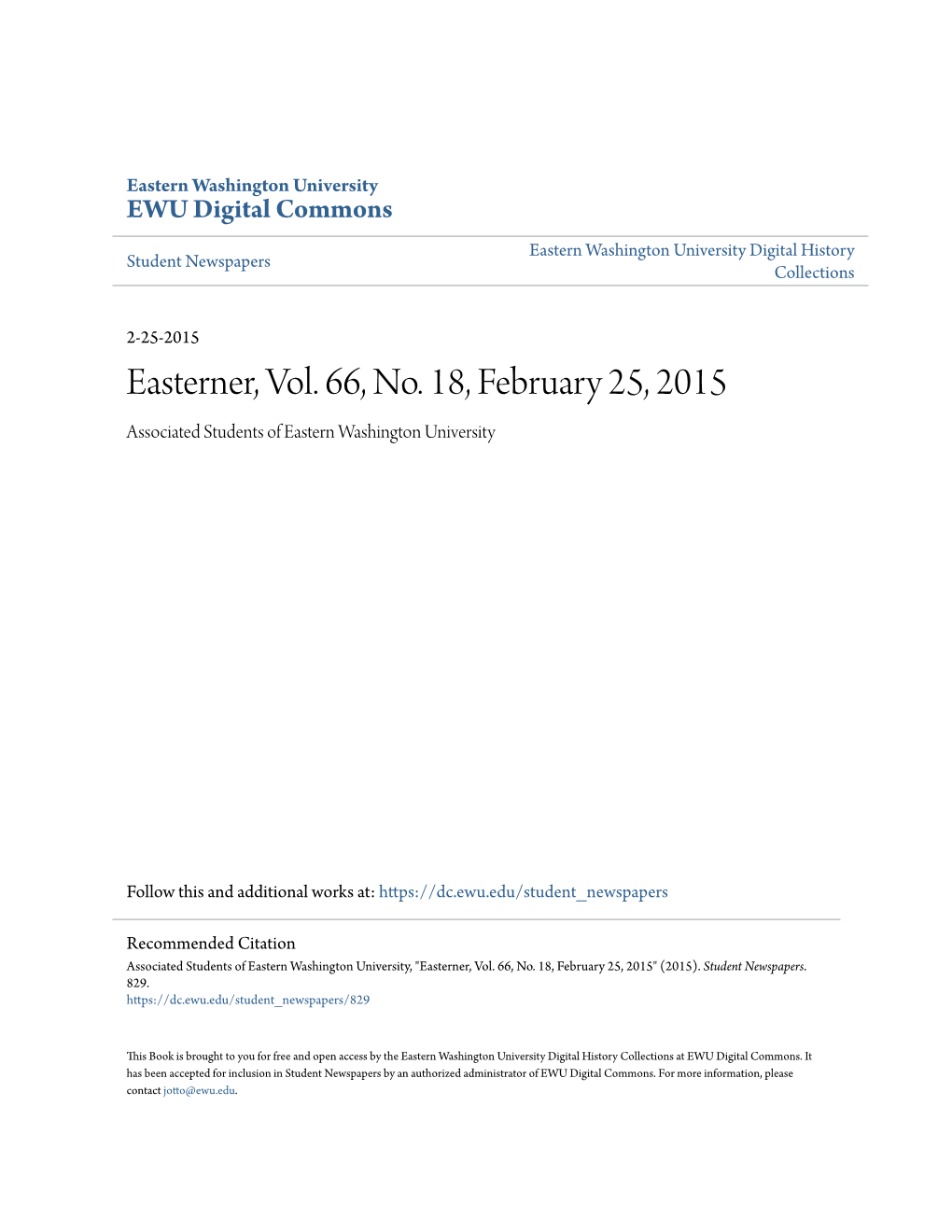Easterner, Vol. 66, No. 18, February 25, 2015 Associated Students of Eastern Washington University