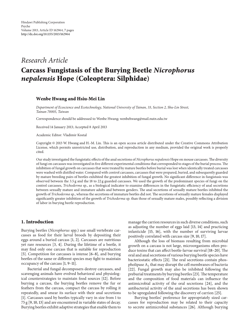 Carcass Fungistasis of the Burying Beetle Nicrophorus Nepalensis Hope (Coleoptera: Silphidae)