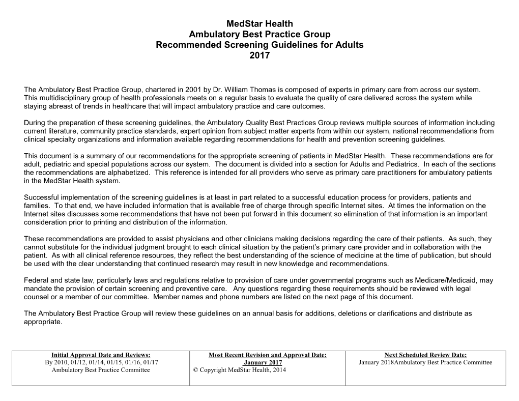 Ambulatory Best Practice Group Screening Guidelines