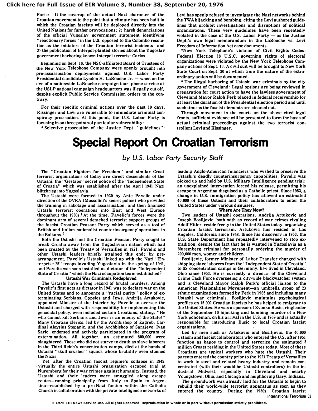 Special Report on Croatian Terrorism