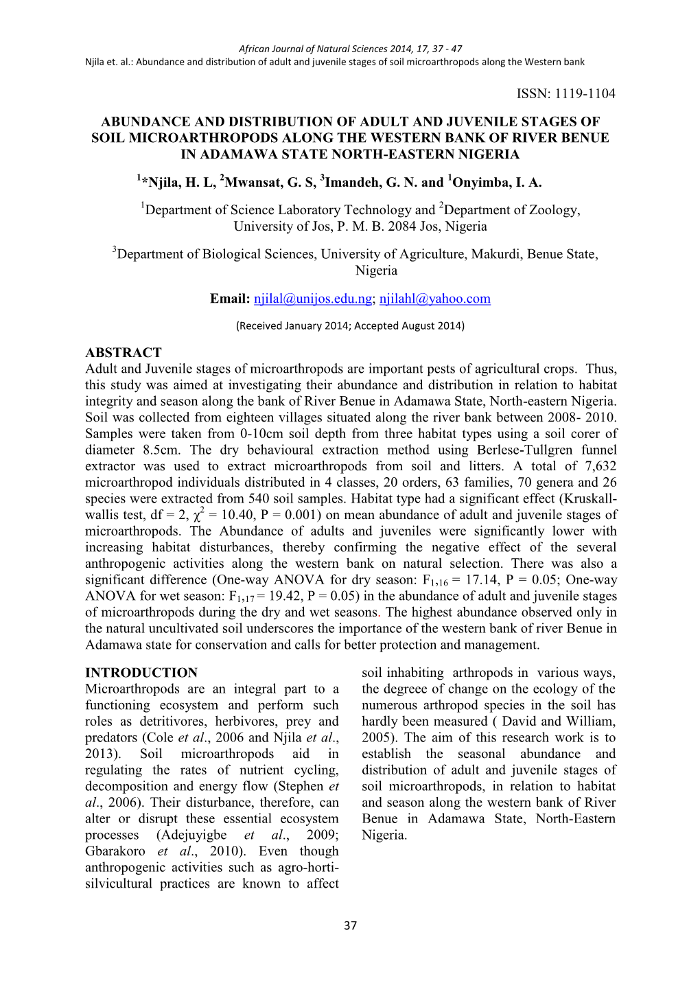 1119-1104 Abundance and Distribution of Adult and Juvenile Stages Of