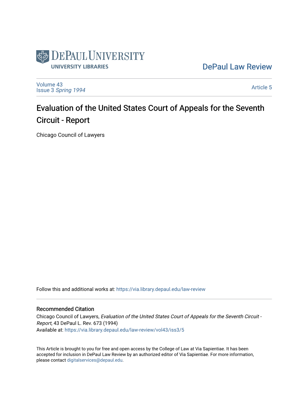 Evaluation of the United States Court of Appeals for the Seventh Circuit - Report