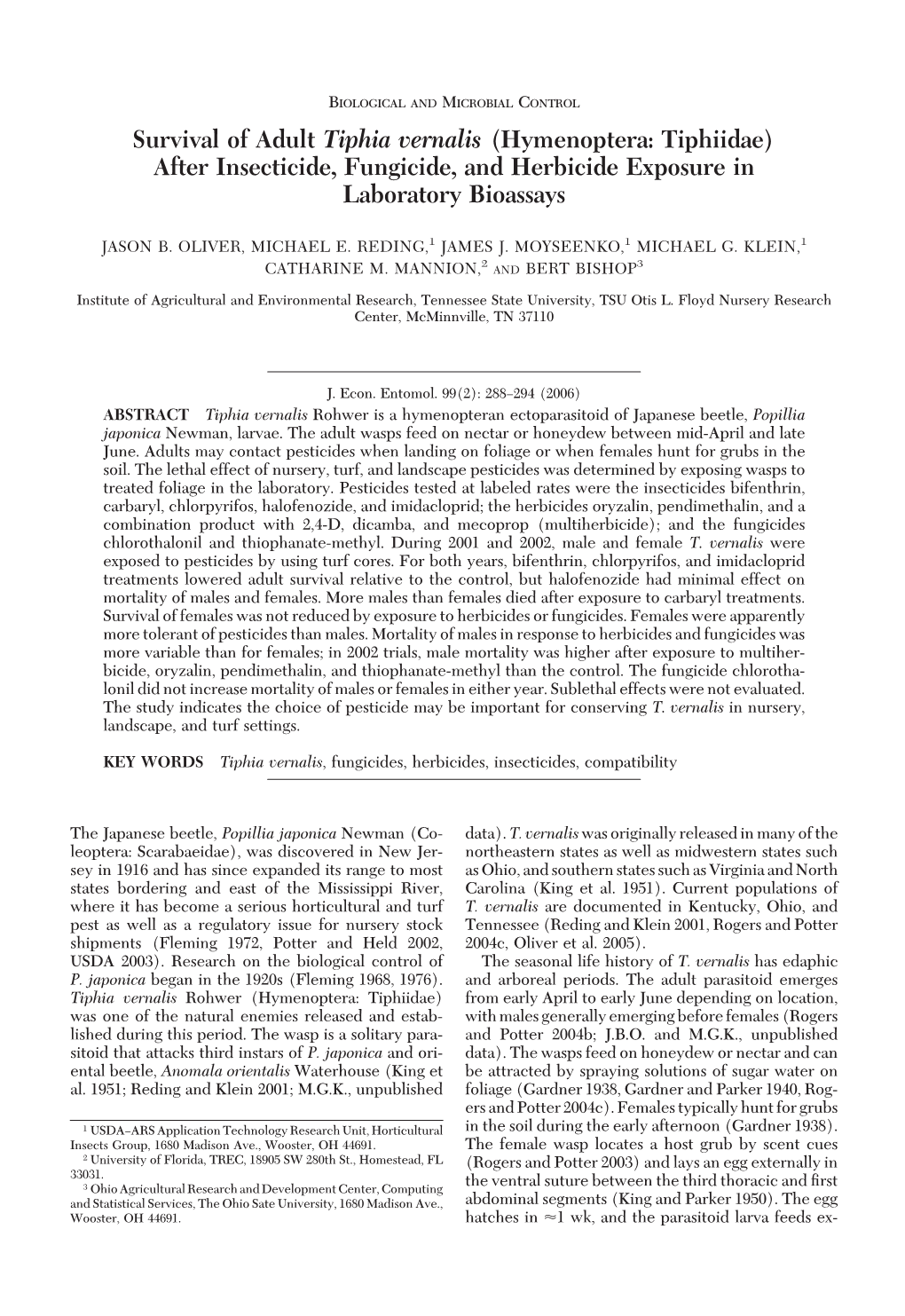 Survival of Adult Tiphia Vernalis (Hymenoptera: Tiphiidae) After Insecticide, Fungicide, and Herbicide Exposure in Laboratory Bioassays