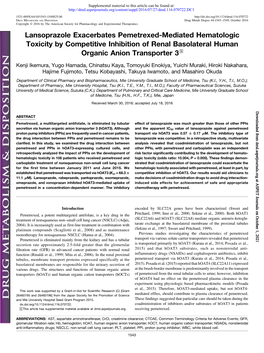 Lansoprazole Exacerbates Pemetrexed-Mediated Hematologic Toxicity by Competitive Inhibition of Renal Basolateral Human Organic Anion Transporter 3 S