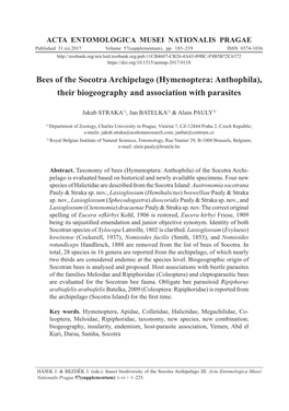 Bees of the Socotra Archipelago (Hymenoptera: Anthophila), Their Biogeography and Association with Parasites