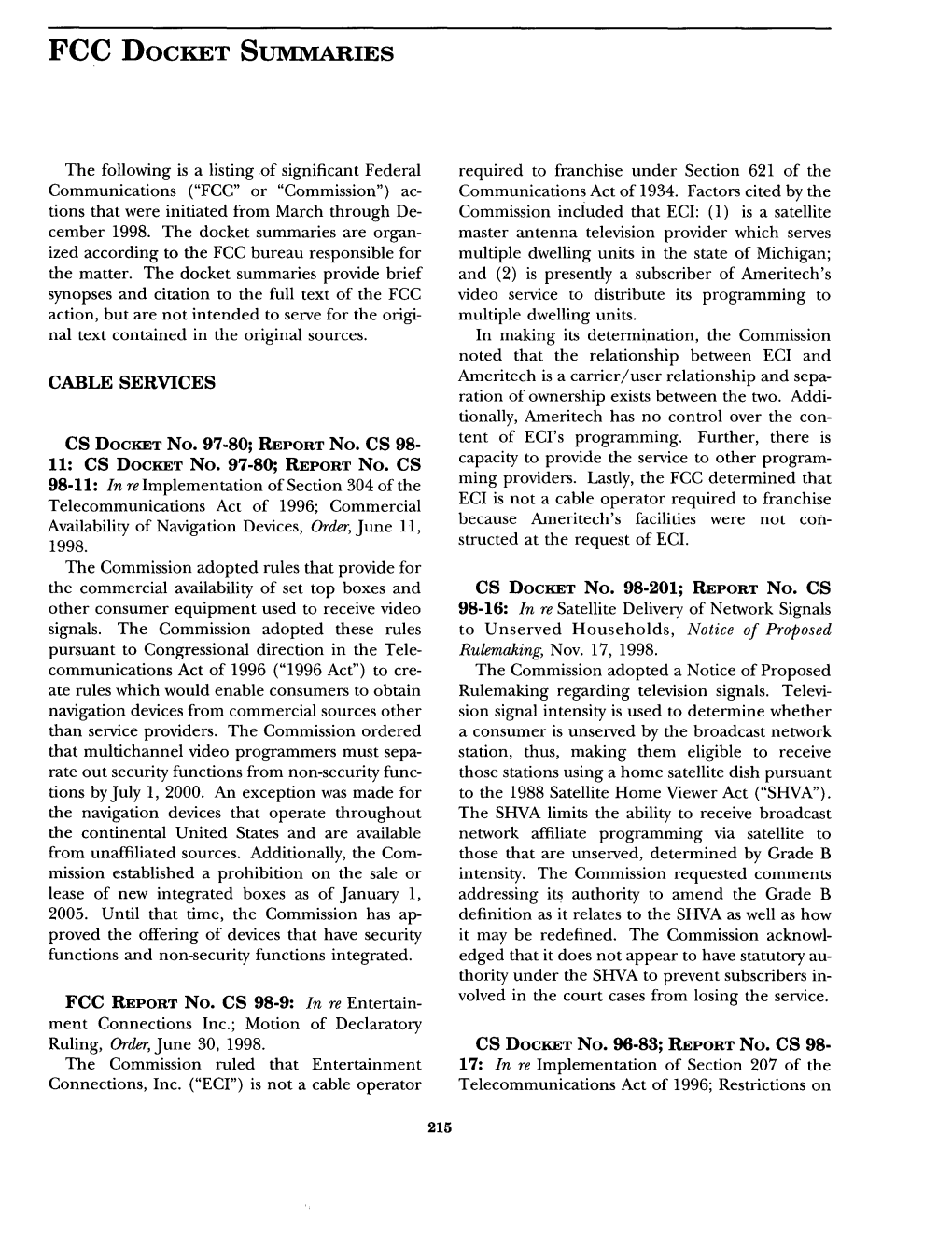 Fcc Docket Summaries