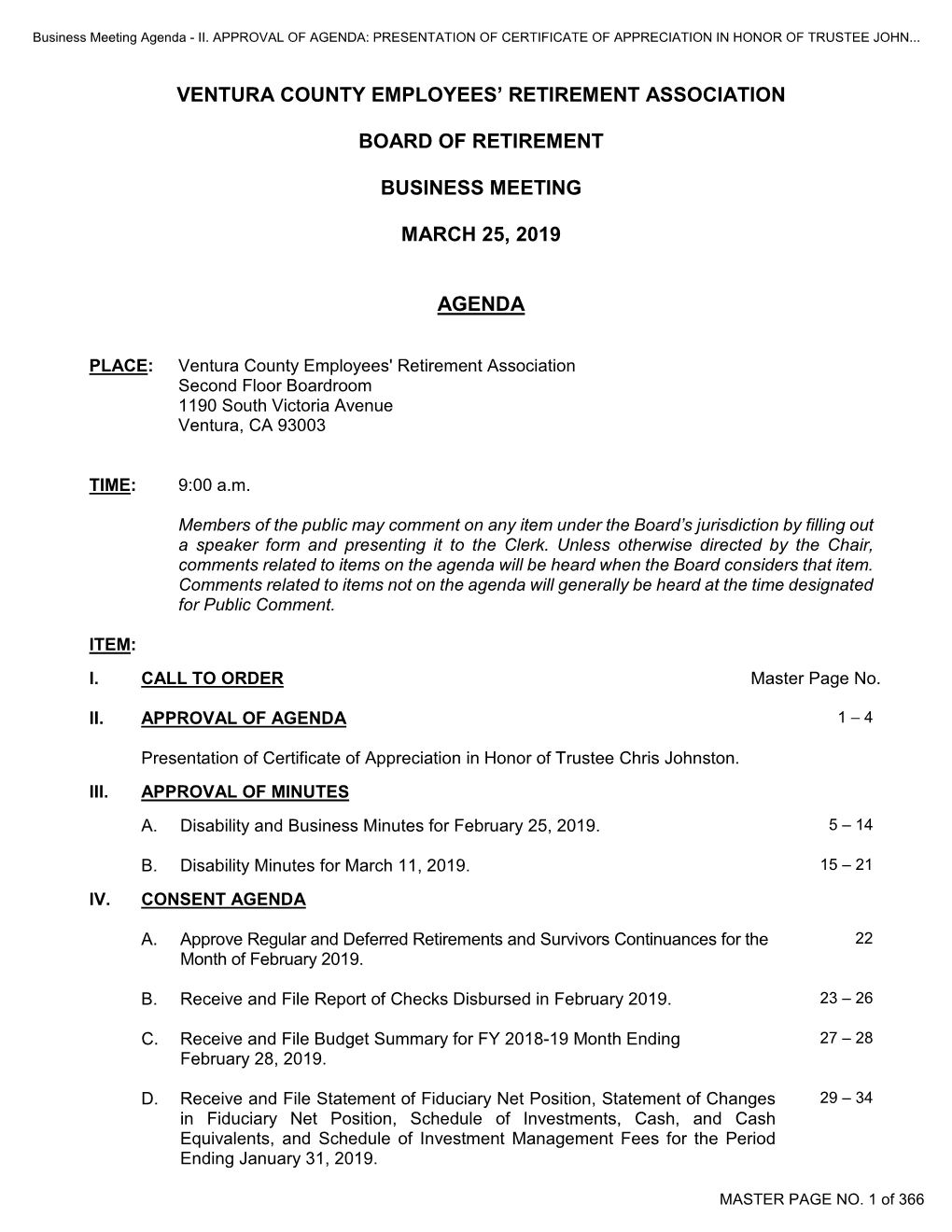 Ventura County Employees' Retirement Association Second Floor Boardroom 1190 South Victoria Avenue Ventura, CA 93003