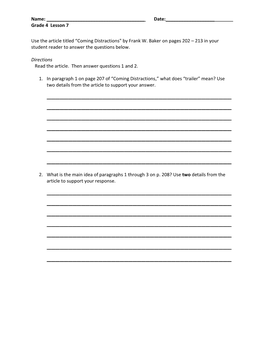 Grade 4 Lesson 7 Use the Article Titled “Coming