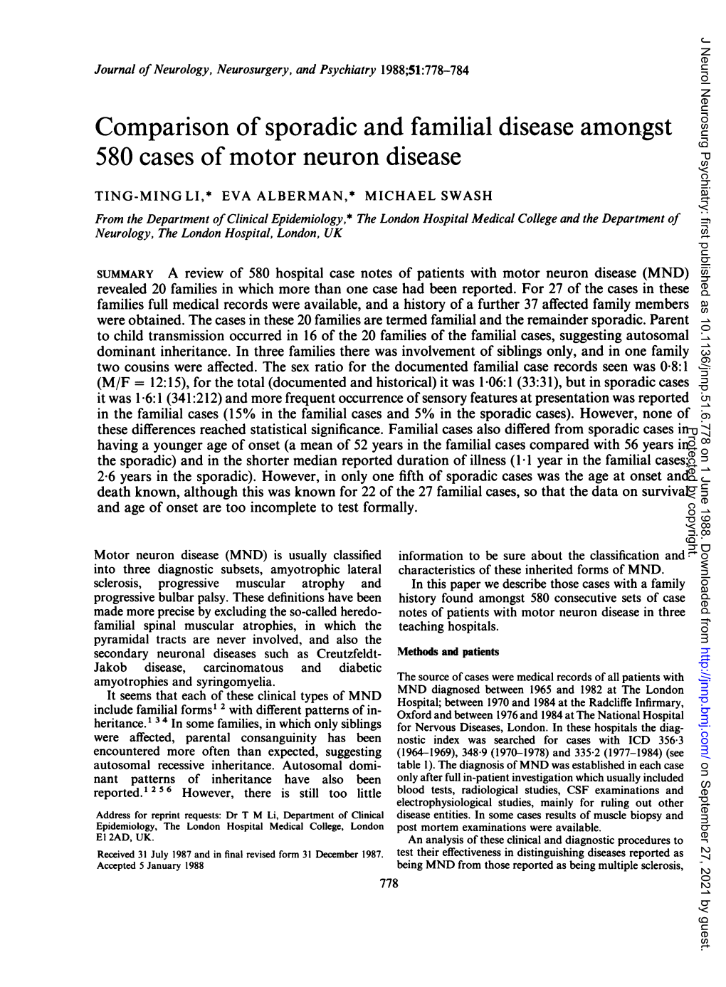 Comparison of Sporadic and Familial Disease Amongst 580 Cases of Motor Neuron Disease