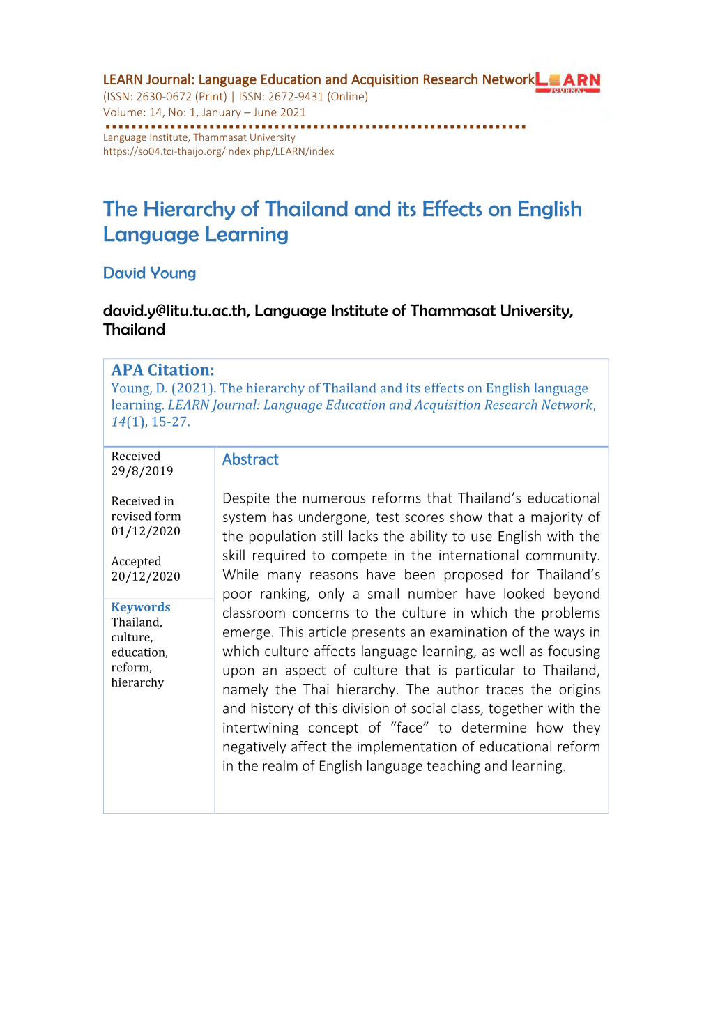 The Hierarchy of Thailand and Its Effects on English Language Learning