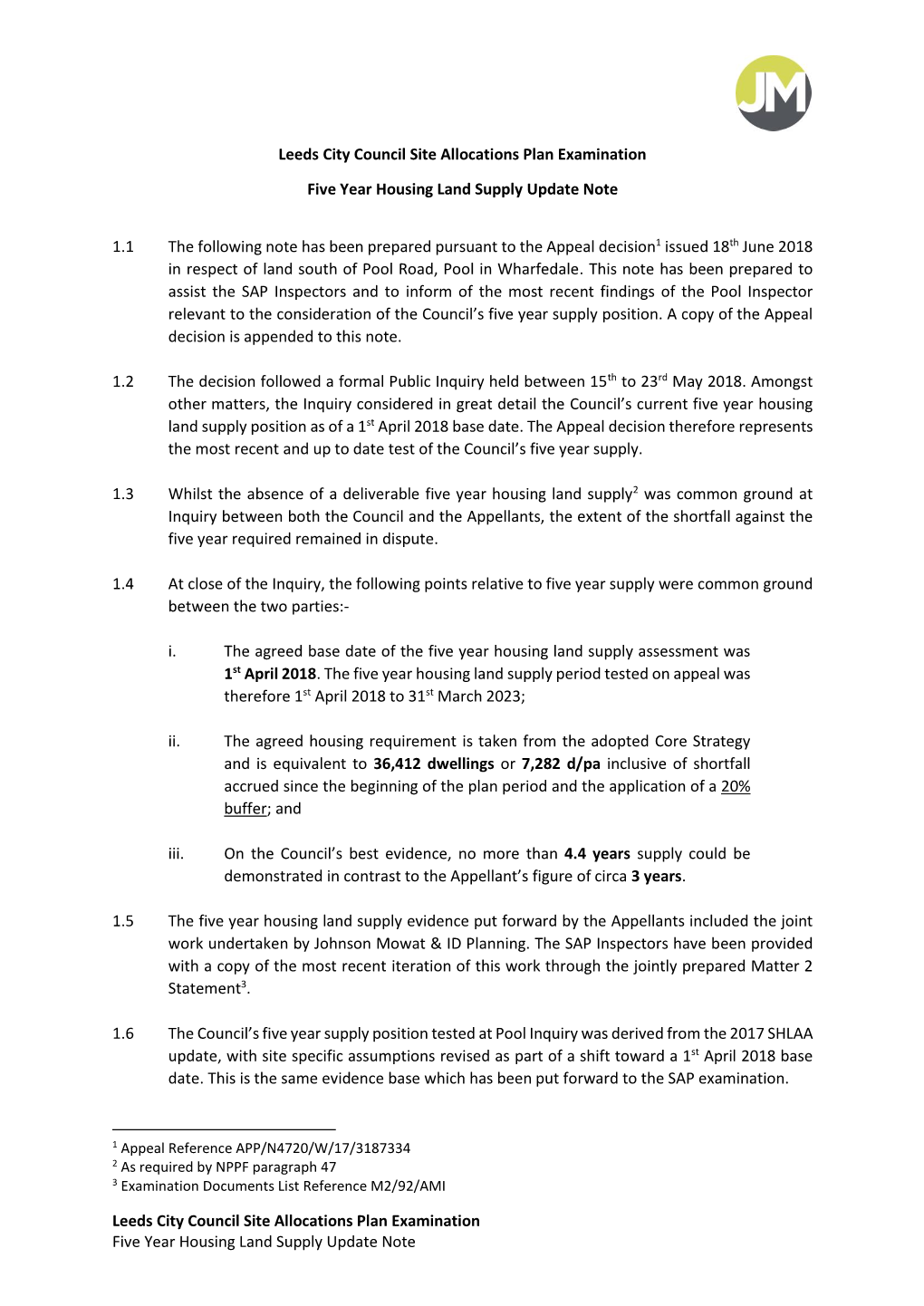 Leeds City Council Site Allocations Plan Examination Five Year Housing Land Supply Update Note Leeds City Council Site Allocatio