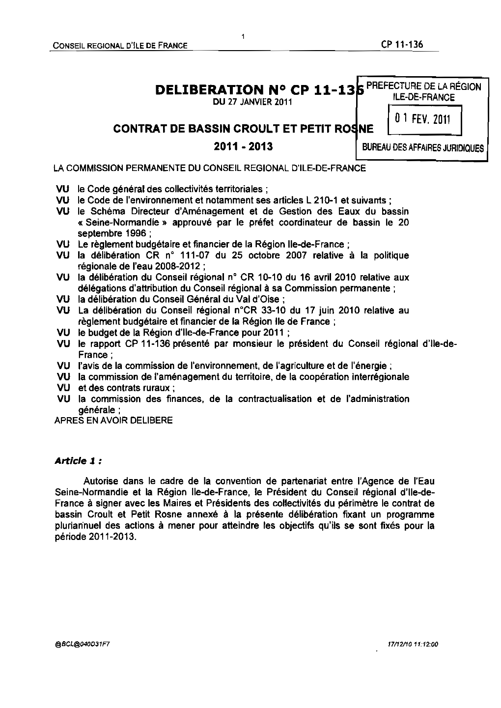 Annexe a La Deliberation : Contrat Croult Petit Rosne