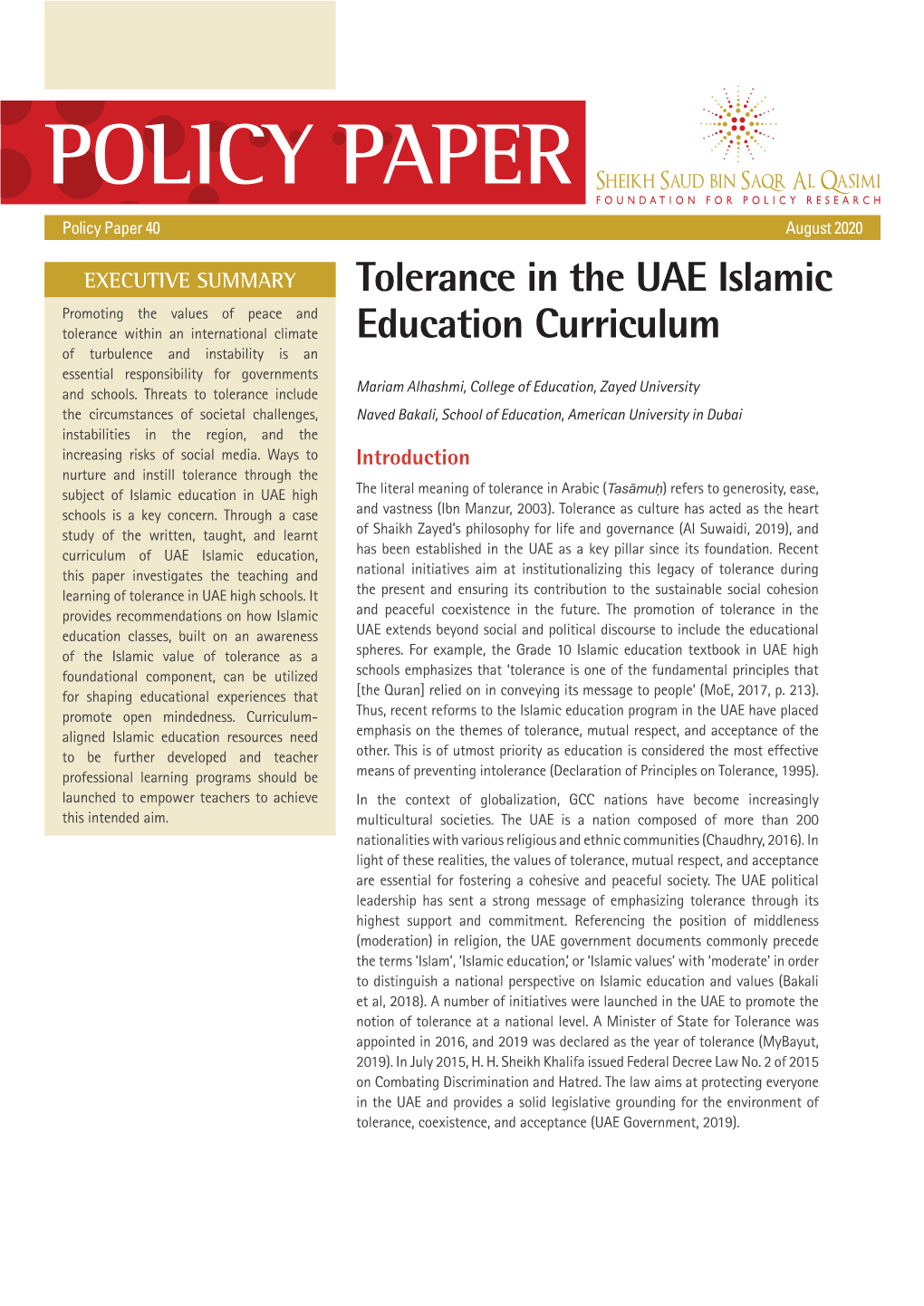 POLICY PAPER Tolerance in the UAE Islamic Education Curriculum