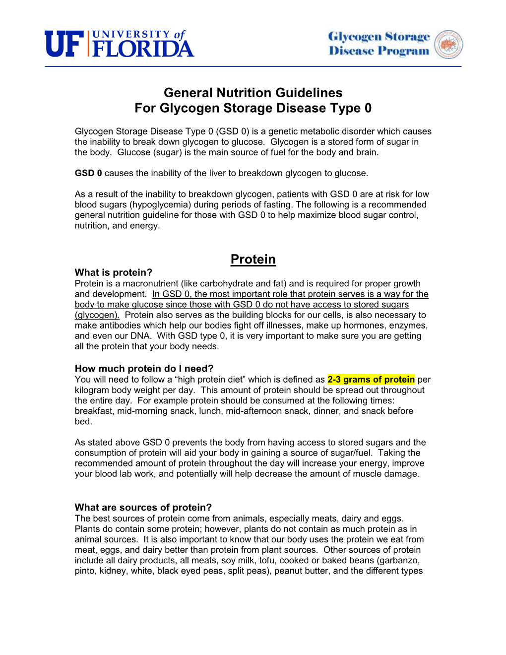 General Nutrition Guidelines for Glycogen Storage Disease Type 0