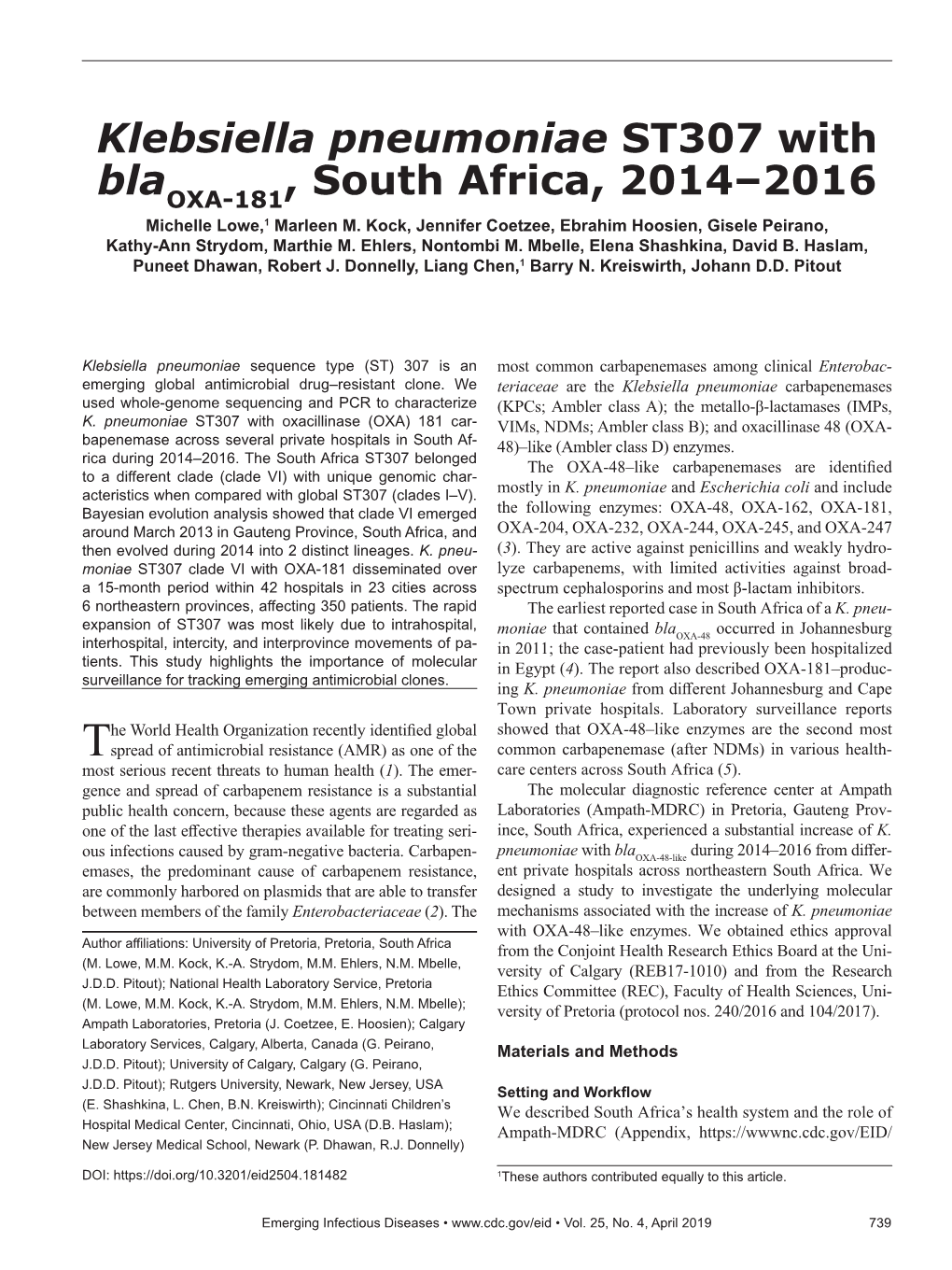 Klebsiella Pneumoniae ST307 with Bla , South Africa, 2014–2016