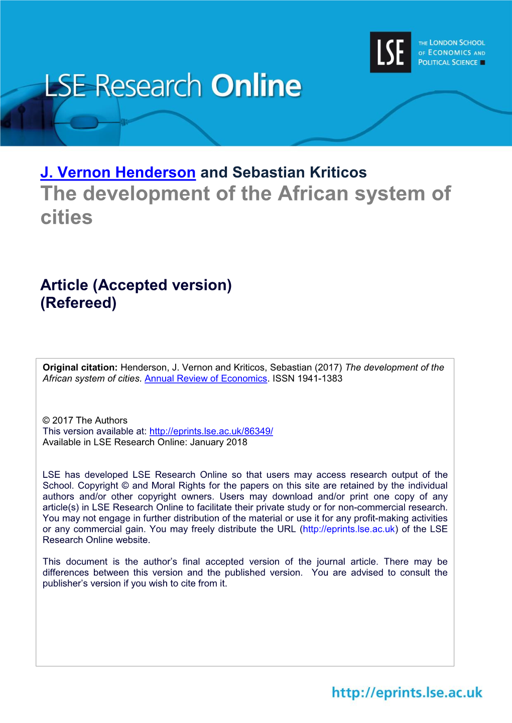 The Development of the African System of Cities