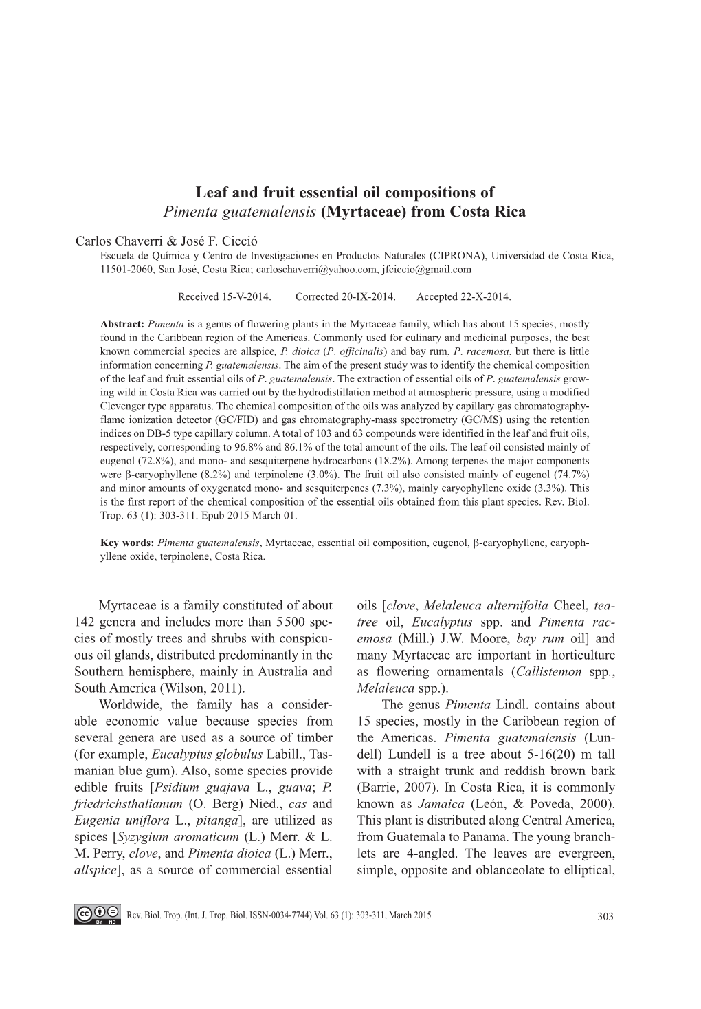 Leaf and Fruit Essential Oil Compositions of Pimenta Guatemalensis (Myrtaceae) from Costa Rica