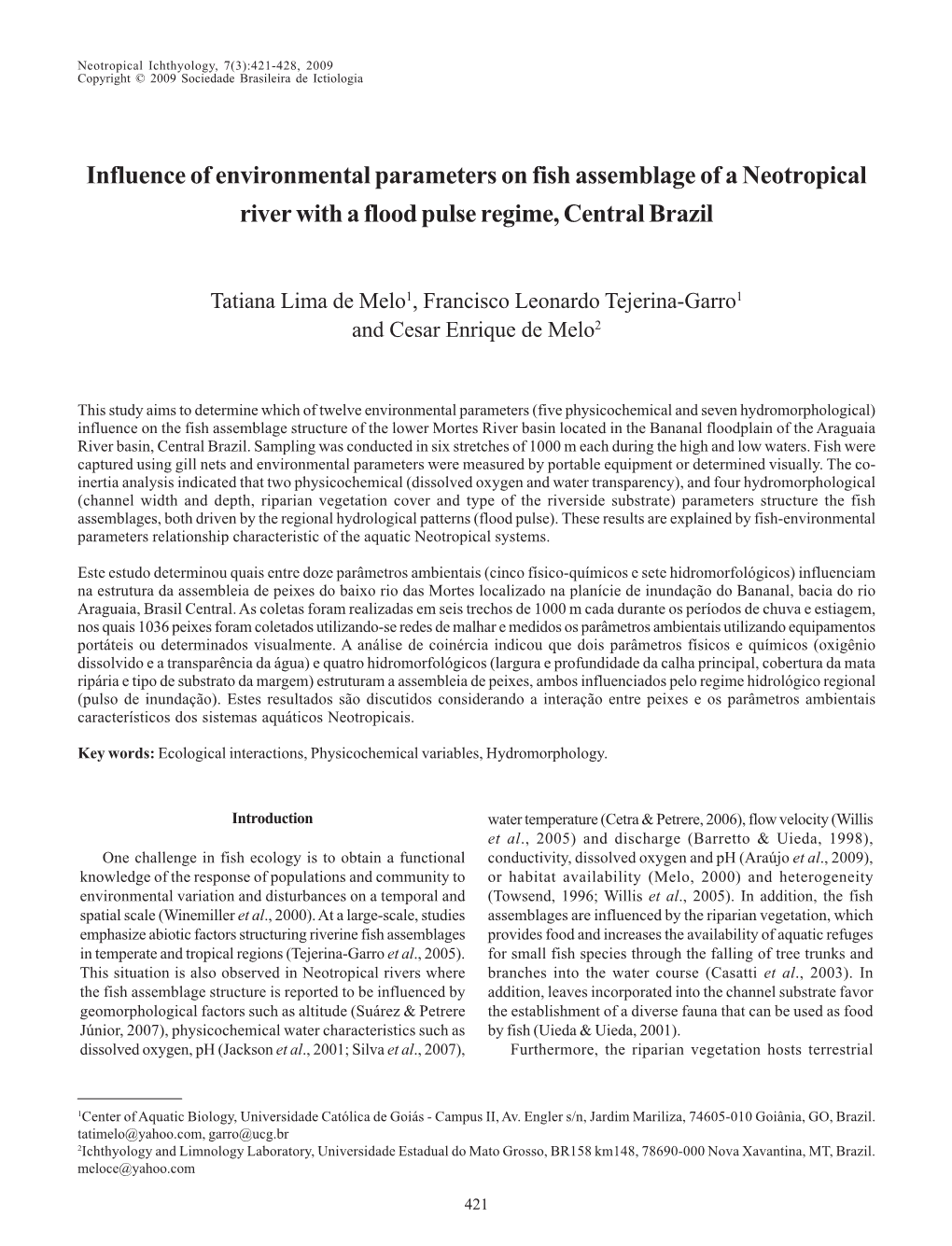 Influence of Environmental Parameters on Fish Assemblage of a Neotropical River with a Flood Pulse Regime, Central Brazil