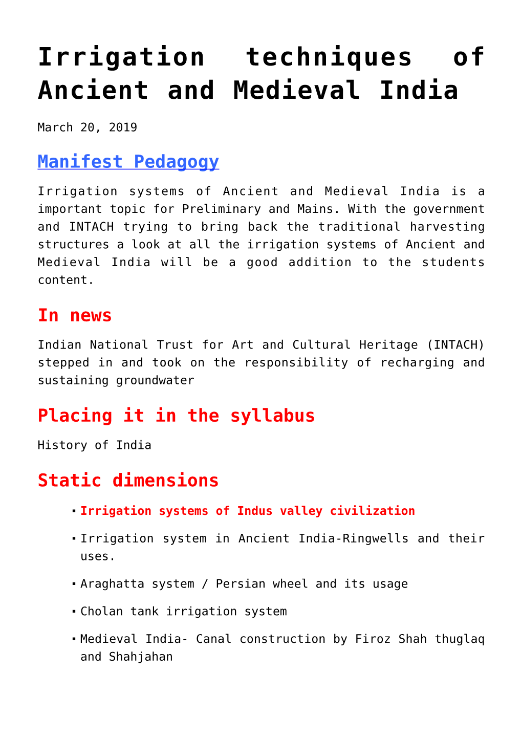 Irrigation Techniques of Ancient and Medieval India