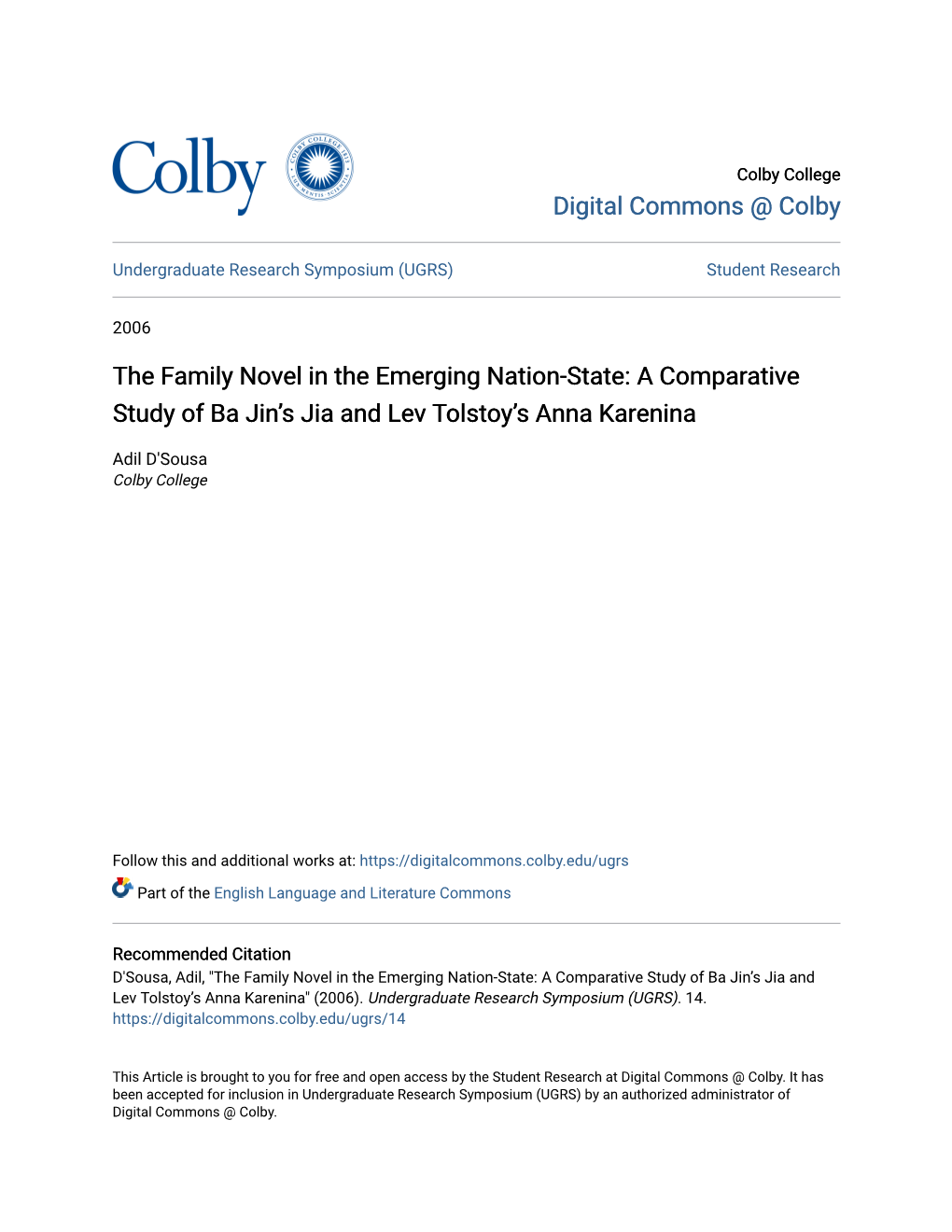 The Family Novel in the Emerging Nation-State: a Comparative Study of Ba Jin’S Jia and Lev Tolstoy’S Anna Karenina