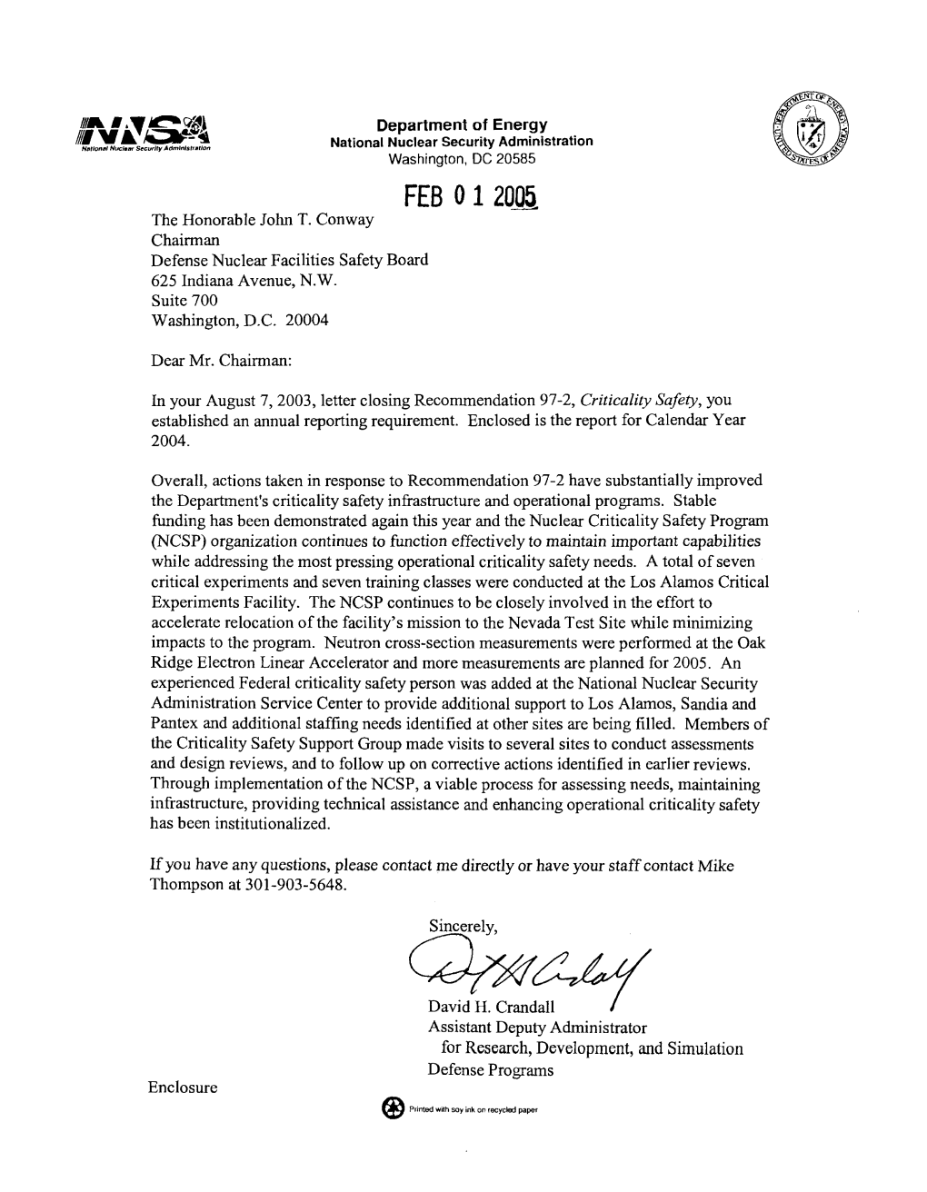 February 1, 2005, Department Letter Forwarding Report on Criticality