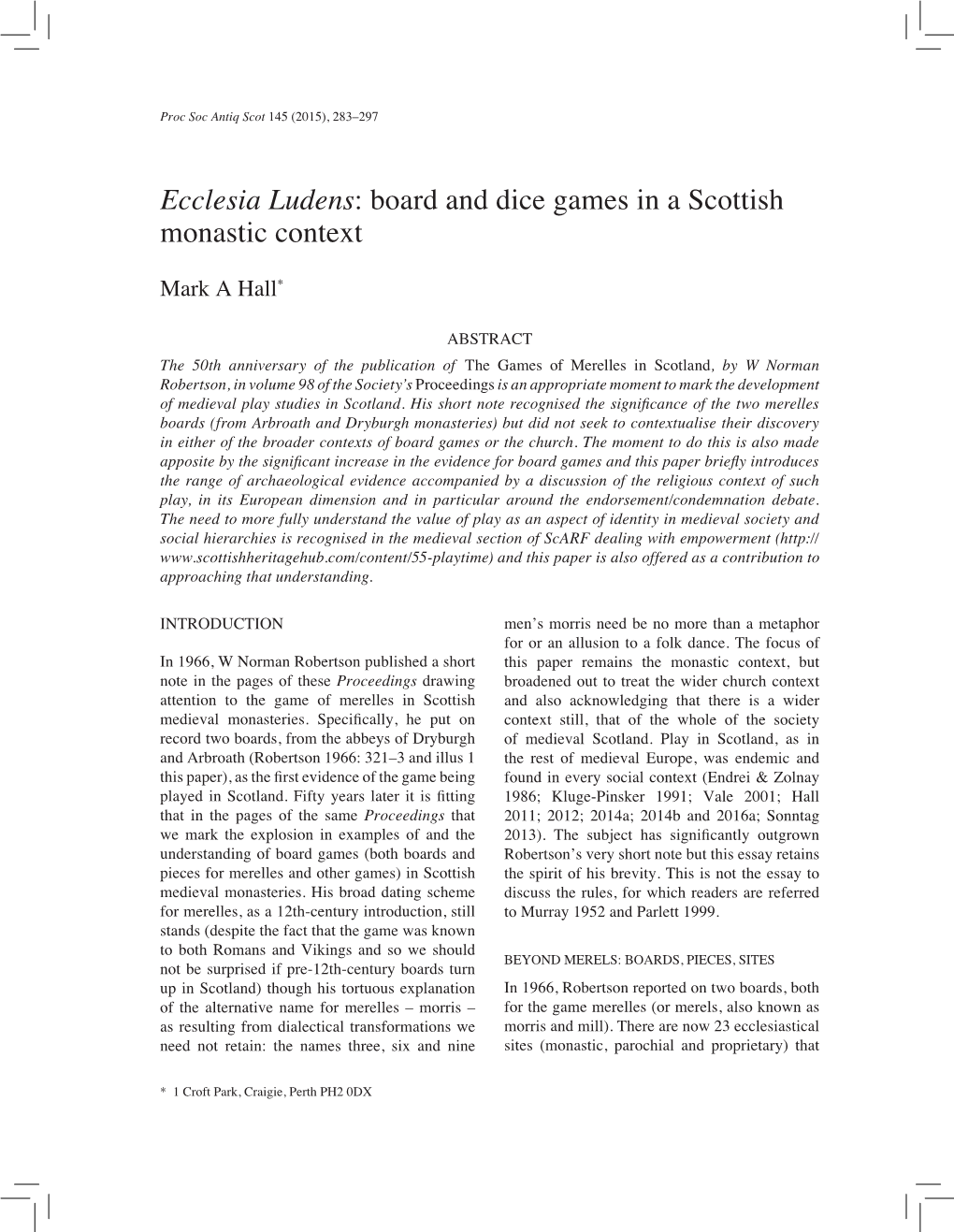 Ecclesia Ludens: Board and Dice Games in a Scottish Monastic Context