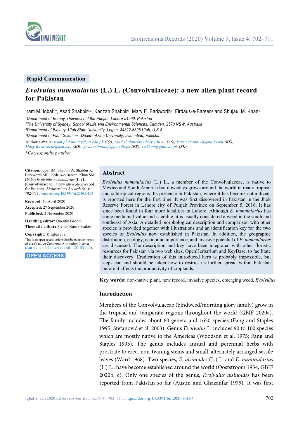 Evolvulus Nummularius (L.) L. (Convolvulaceae): a New Alien Plant Record for Pakistan