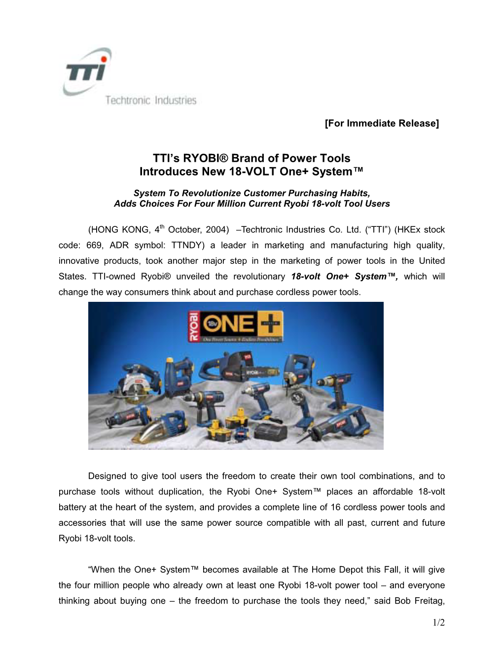 TTI's RYOBI® Brand of Power Tools Introduces New 18-VOLT One+
