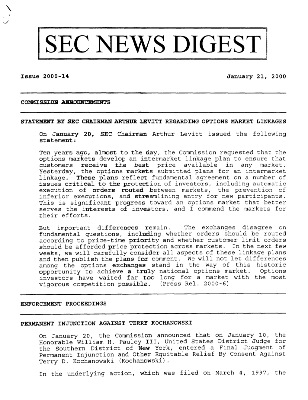 SEC News Digest, 01-21-2000