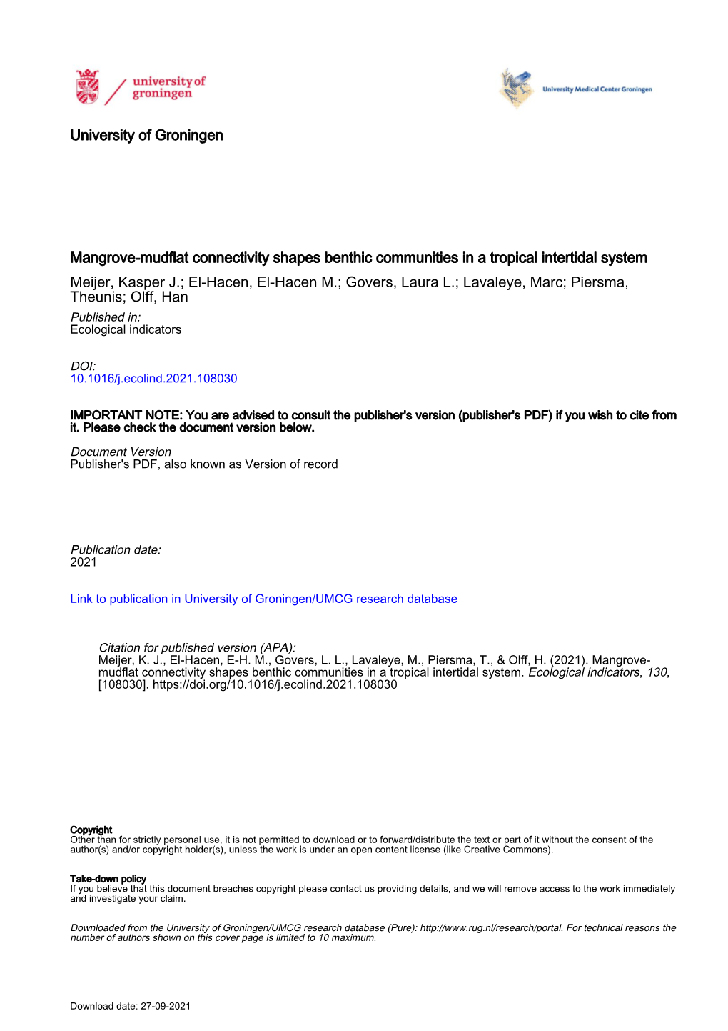 Ecologicalindicators2021-Mangrove Connectivity Shapes Intertidal Benthic Communities Bijagos-Meijer Et Al