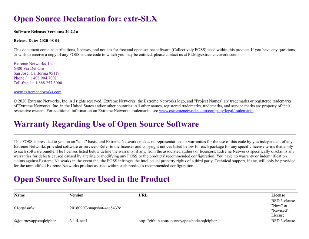 Open Source Declaration For: Extr-SLX Warranty Regarding Use