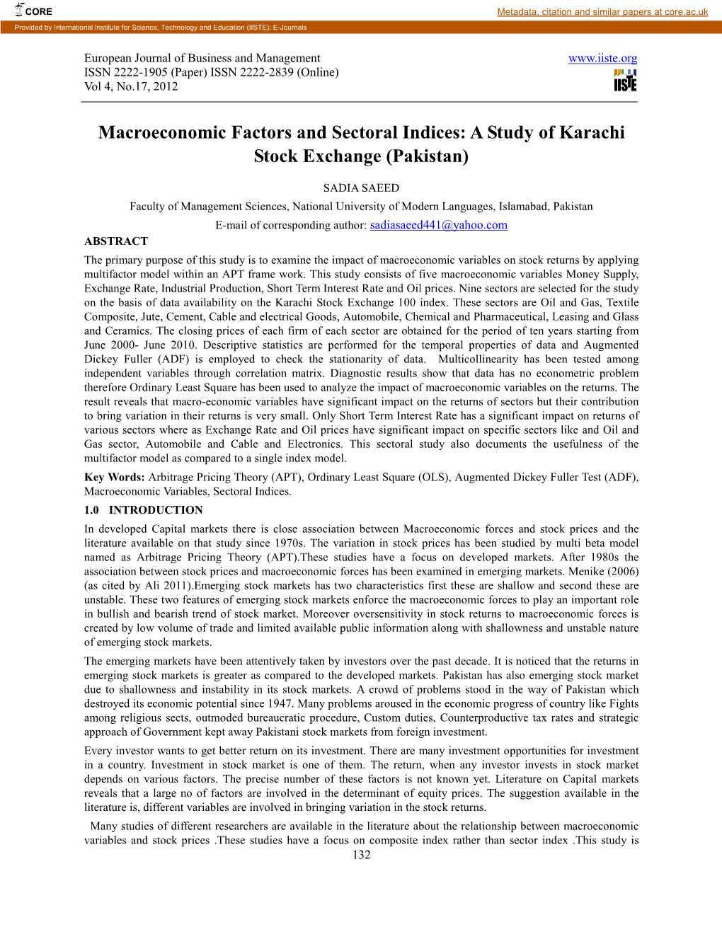 Macroeconomic Factors and Sectoral Indices: a Study of Karachi Stock Exchange (Pakistan)