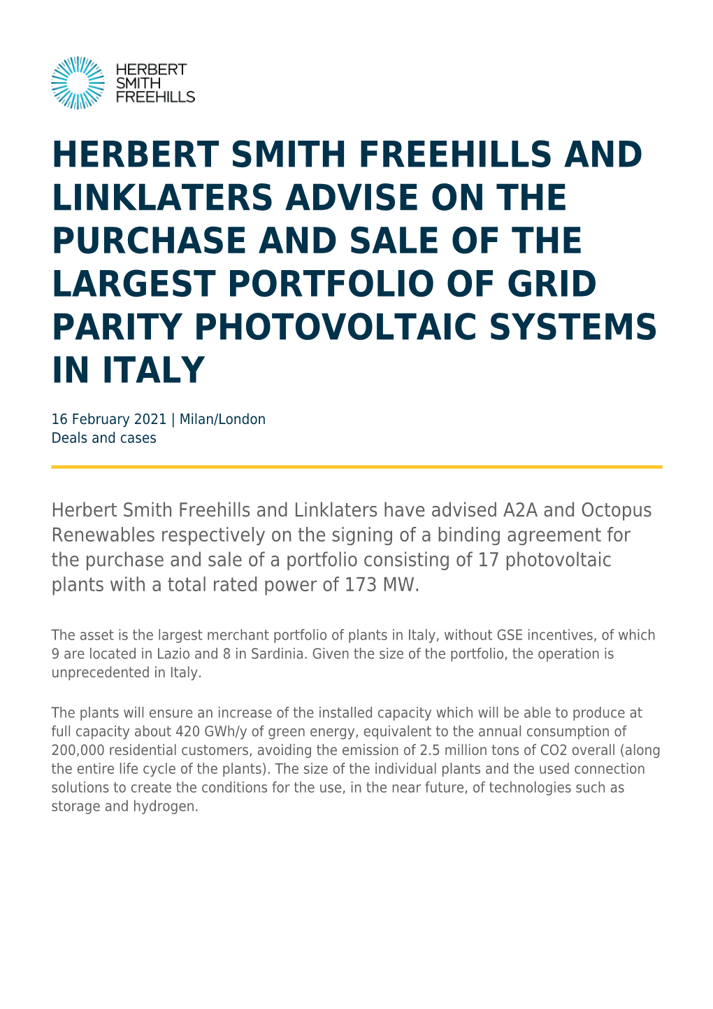 Herbert Smith Freehills and Linklaters Advise on the Purchase and Sale of the Largest Portfolio of Grid Parity Photovoltaic Systems in Italy