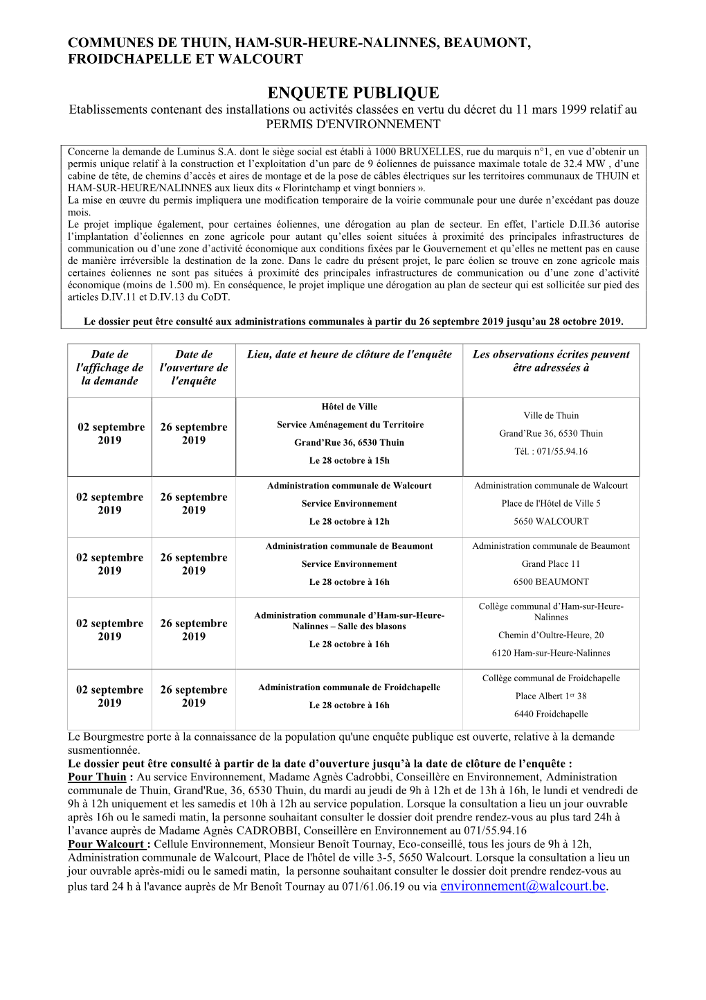 ENQUETE PUBLIQUE Etablissements Contenant Des Installations Ou Activités Classées En Vertu Du Décret Du 11 Mars 1999 Relatif Au PERMIS D'environnement