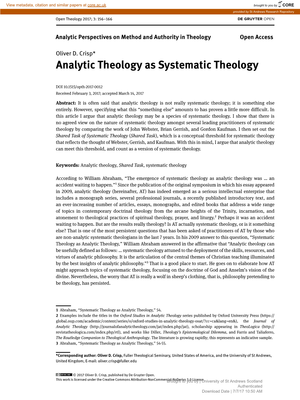 Analytic Theology As Systematic Theology