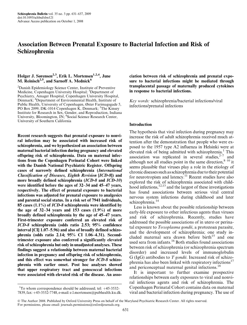 Association Between Prenatal Exposure to Bacterial Infection and Risk of Schizophrenia