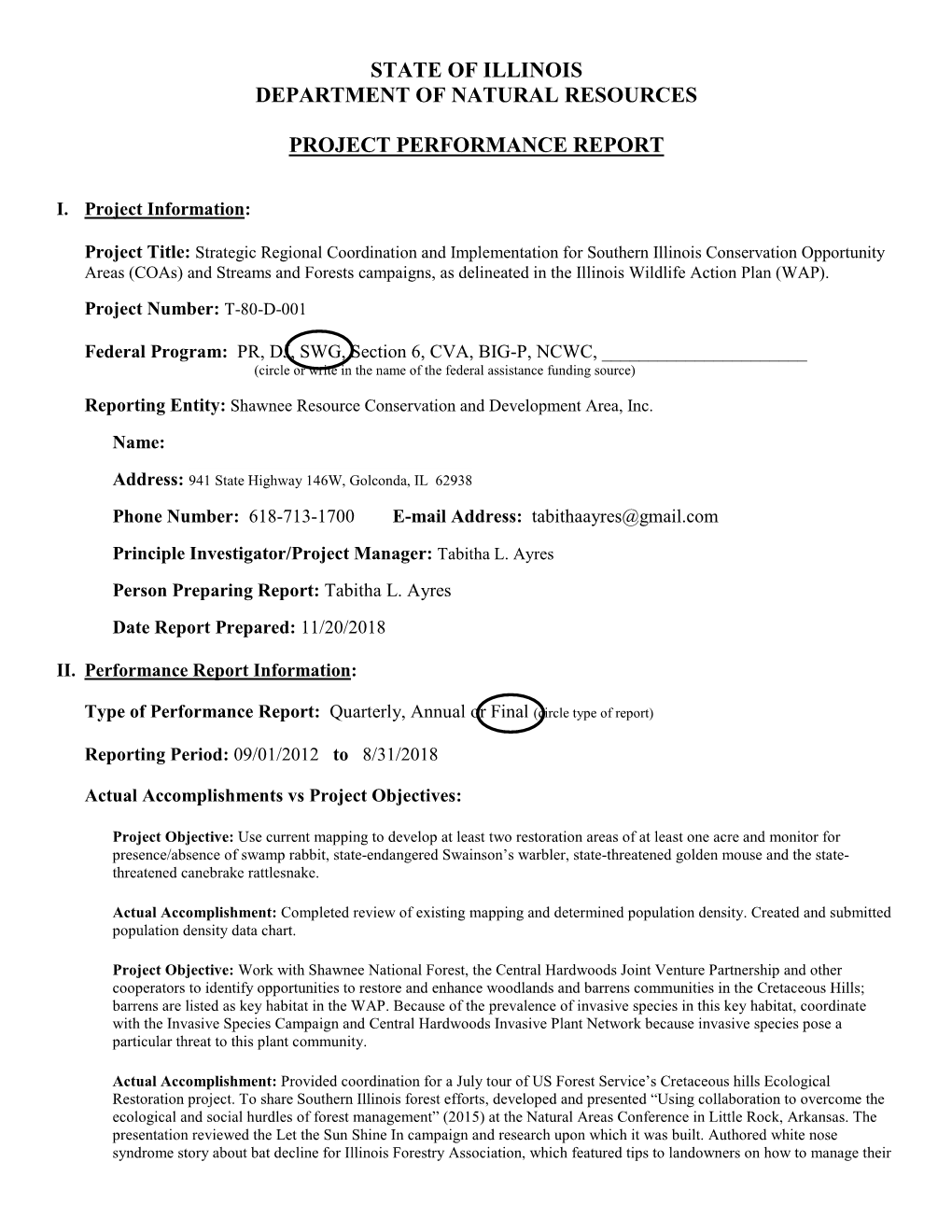 State of Illinois Department of Natural Resources Project Performance Report