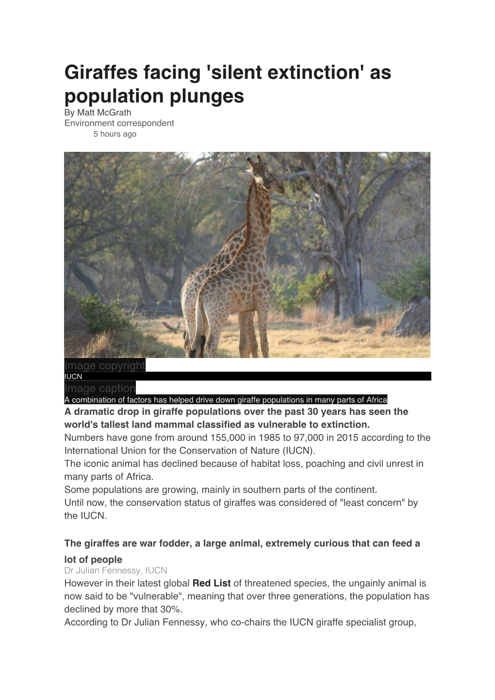 Giraffes Facing 'Silent Extinction' As Population Plunges by Matt Mcgrath Environment Correspondent 5 Hours Ago