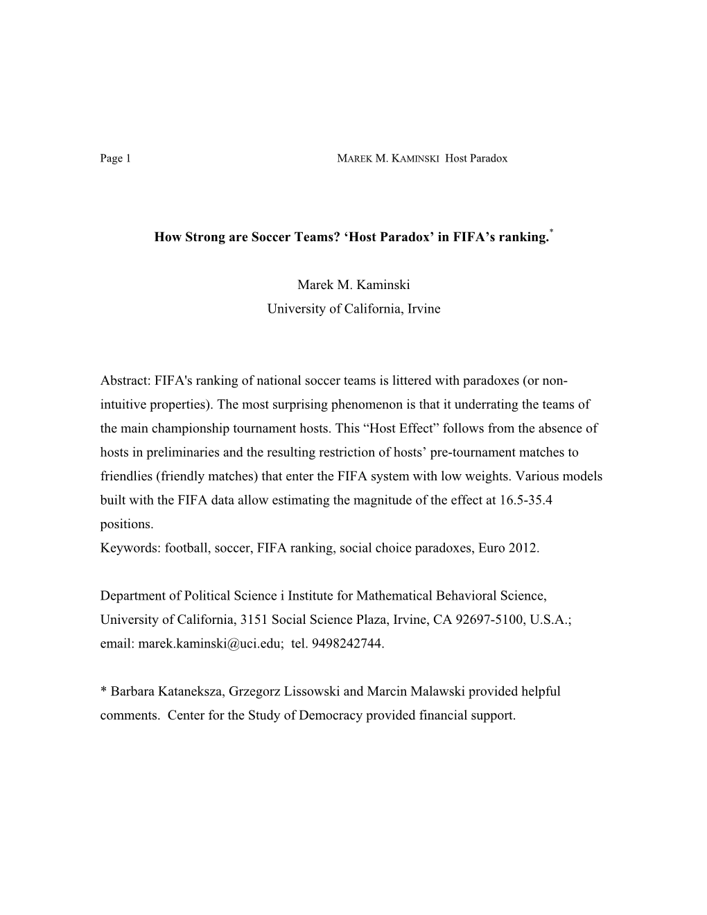 How Strong Are Soccer Teams? 'Host Paradox' in FIFA's Ranking. Marek M