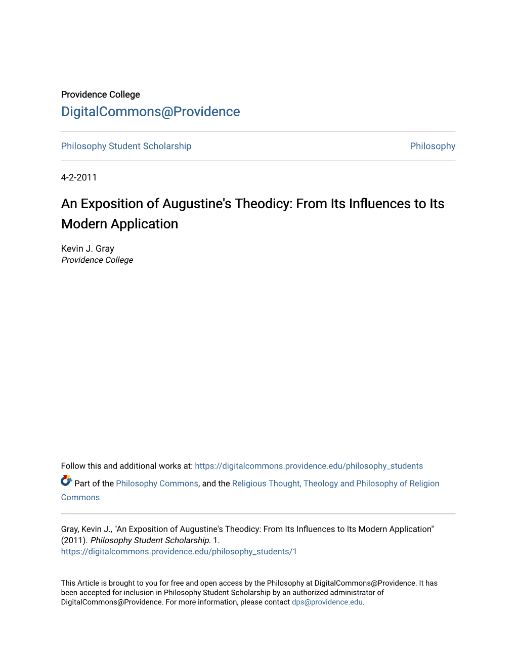 An Exposition of Augustine's Theodicy: from Its Influences Ot Its Modern Application