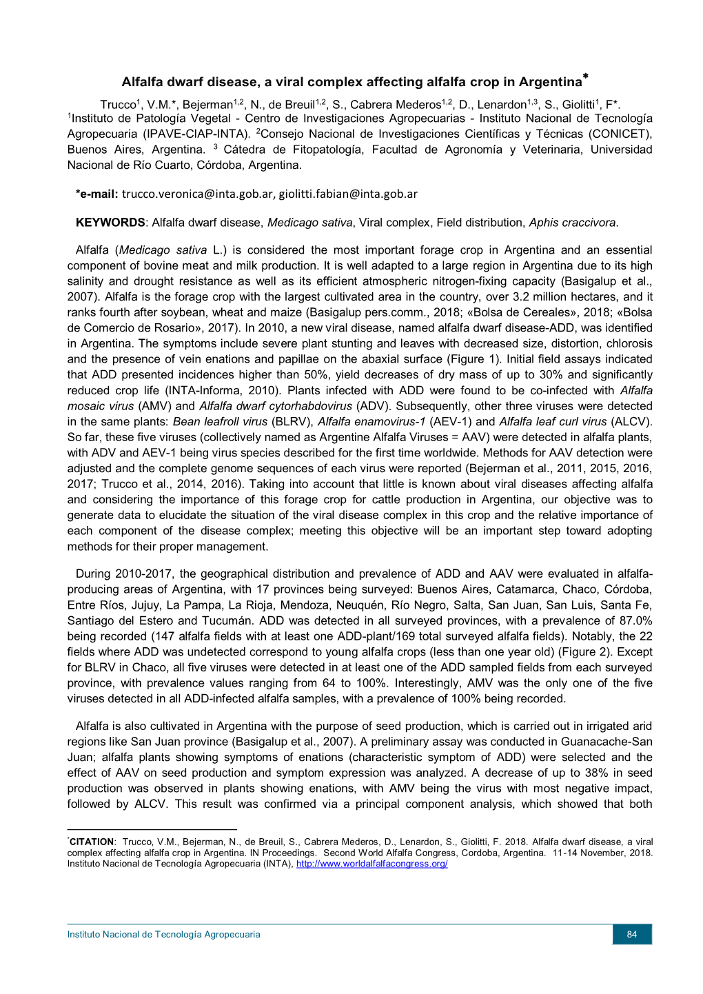 Alfalfa Dwarf Disease, a Viral Complex Affecting Alfalfa Crop in Argentina *E