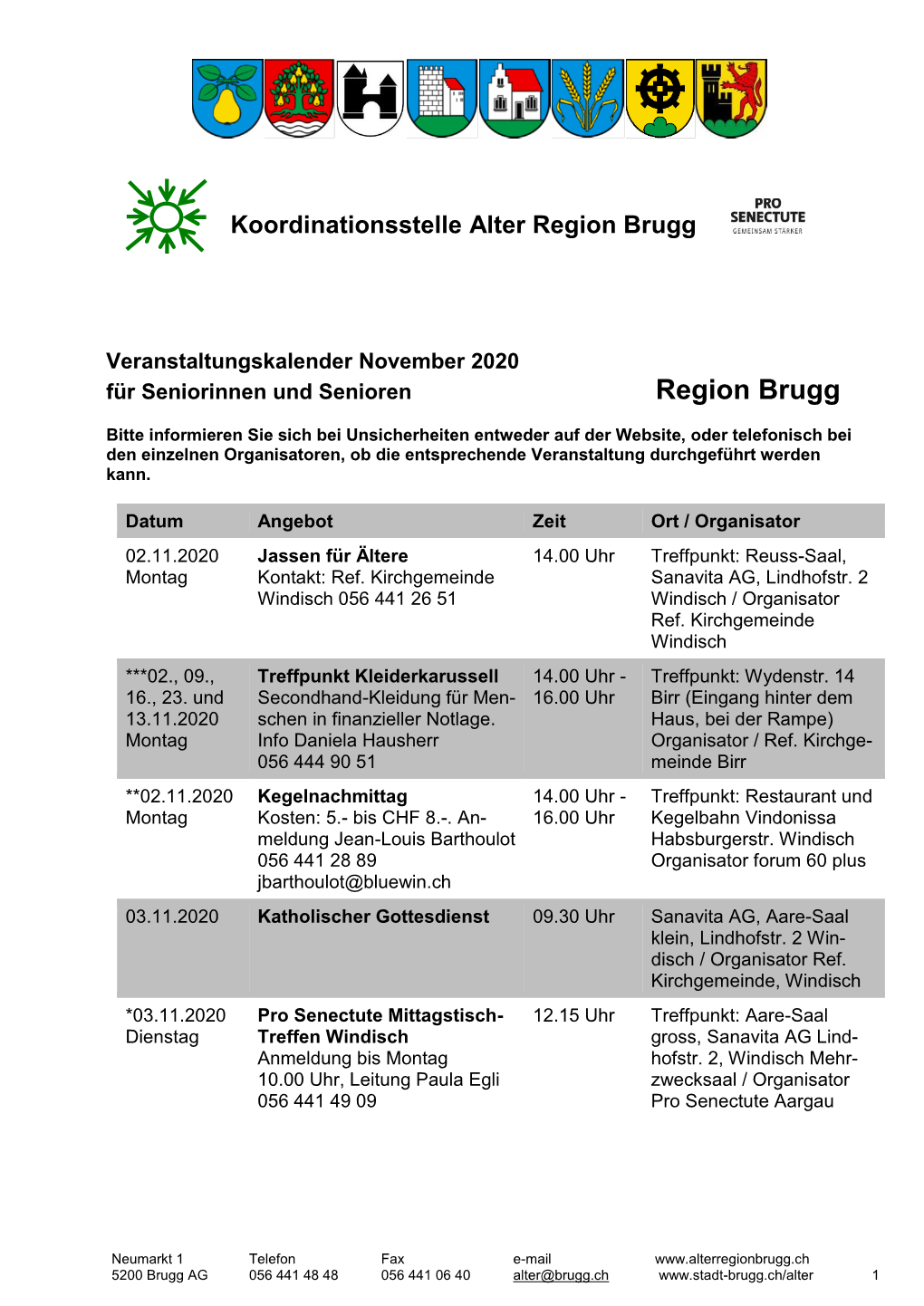 Veranstaltungskalender November 2020 Für Seniorinnen Und Senioren Region Brugg