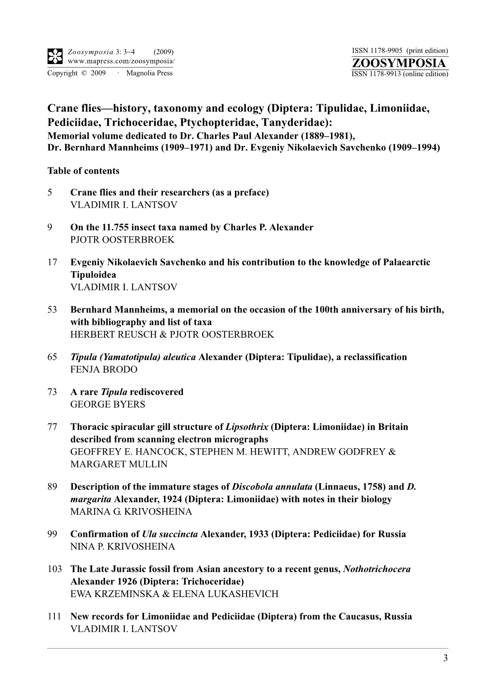 Zoosymposia 3: Crane Flies—History, Taxonomy and Ecology