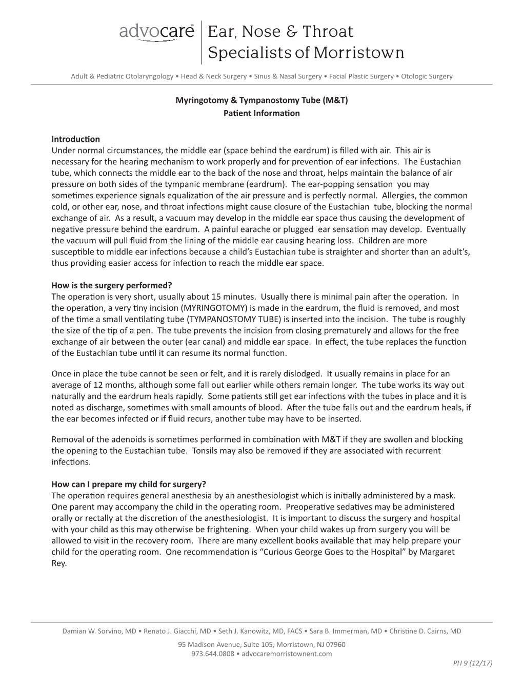 Myringotomy & Tympanostomy Tube (M&T) Patient Information